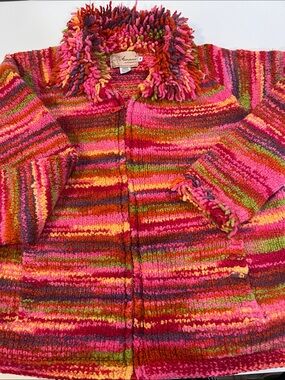 Vintage - Amano, M, Rainbow, stripe wool sweater/jacket, fringe, zip closure